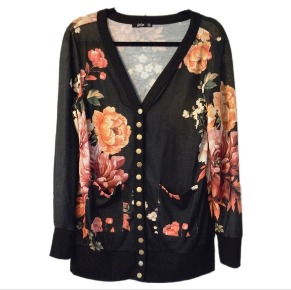 Lily by Firmiana Sweaters - Lily by Firmiana Black Floral Snap Front V Neck Soft Cardigan Sweater
